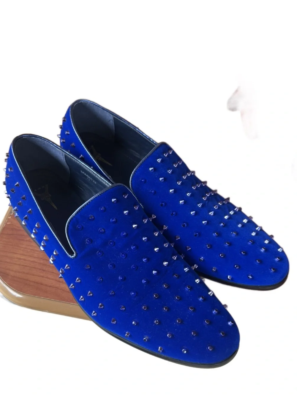 Enzo Blue Studded Velvet Slip-On Formal Dress Loafers for Men